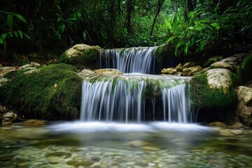 Fototapeta premium Tranquil waterfall cascading through mossy rocks in a lush rainforest