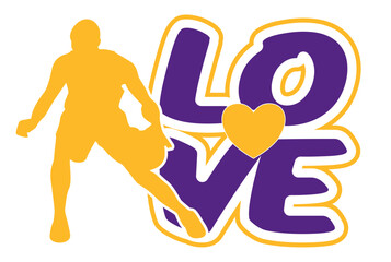 Love graffiti style lettering with heart in the center and basketball player next to it; sport vector graphic; gold yellow and Purple colors