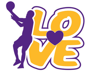 Love graffiti style lettering with heart in the center and basketball player next to it; sport vector graphic; gold yellow and Purple colors	
