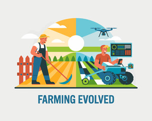 Evolution of Agriculture: Traditional Farming Meets Smart Farming with Drone Technology and Precision Tractors.