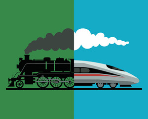 Evolution of Rail Transport: Steam Engine to High-Speed Train Illustration, Green and Blue Background, Minimalist Style