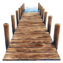Fototapeta premium Wooden pier extending into calm water framed by vertical posts inviting exploration and serene aquatic views.