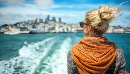 Windswept Adventures Woman on Ferry Embraces City Skyline and Open Waters, Seeking New Experiences