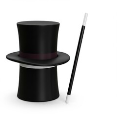 A black top hat with a maroon band and a black and white magic wand on a white background studio shot