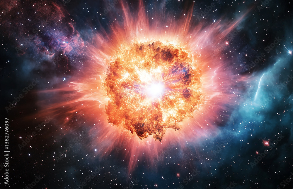 Poster exploding supernova in deep space – cosmic starburst and galactic explosion