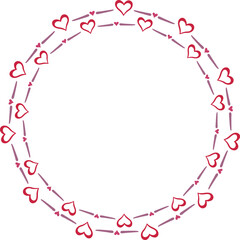 Double circular border with hearts, color. Vector illustration made with red heart silhouettes on a white background creating a circular border.