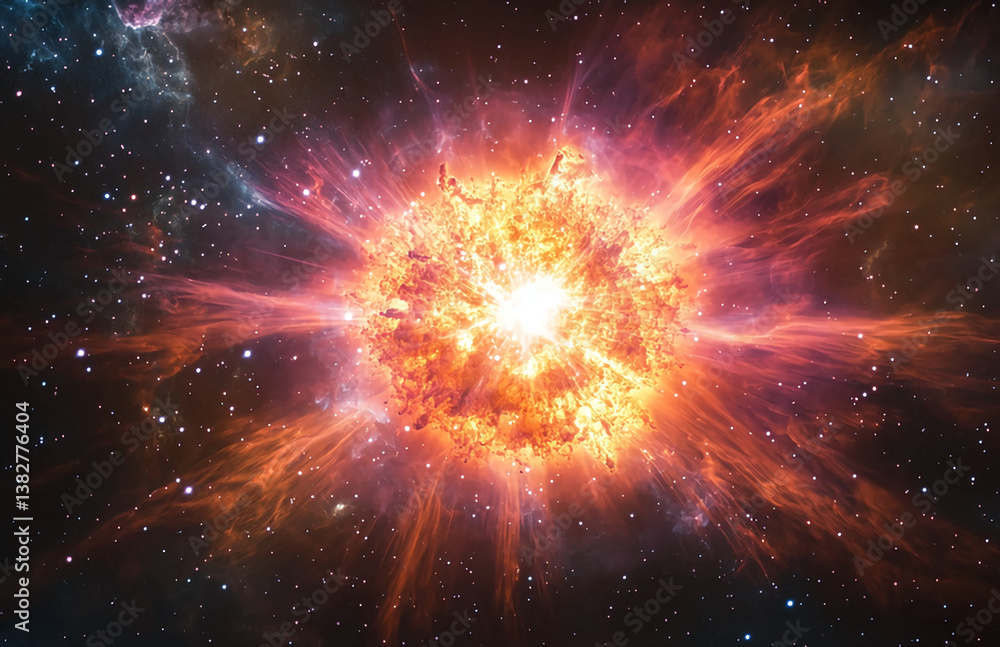 Poster exploding supernova in deep space – cosmic starburst and galactic explosion
