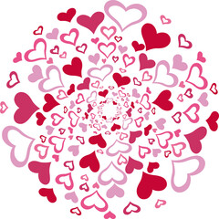 Circle full of hearts, color. Vector illustration made with red heart silhouettes on a white background filling a circular shape.