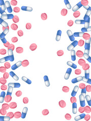 Treatment pills medical vector illustration. Capsule drugs and tablets illness prescription elements. Blue white and pink pills, emergency treatment or vitamins. Therapy cure drugs.