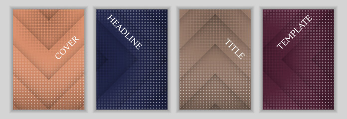 Dotted texture and arrow stripes pattern business cover page template set. Minimalist posters vector design. Contemporary catalog covers. Promotion banners batch.