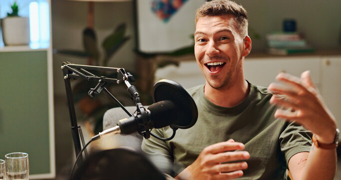 Host, podcast and man with microphone in portrait for live streaming, talk show or audio recording. Content creator, radio presenter and happy with online discussion and news broadcast in home studio