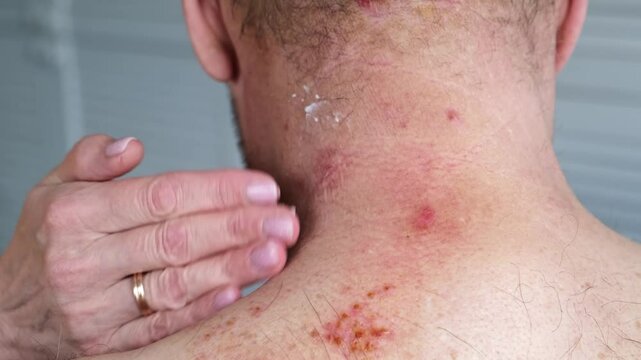 A woman applies medicinal ointment to her husband's affected with shingles or Herpes zoster skin. Viral disease Varicella virus. Painful skin rash and pimples. Sun body burn. High quality 4k footage.
