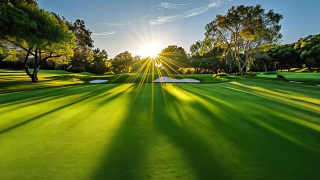 Golden sunlight breaks through trees over a verdant golf course, creating long shadows and illuminating the grass as a new day begins in a peaceful setting.