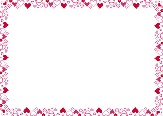 Rectangular border made with many small hearts, color. Vector illustration made with red heart silhouettes on a white background creating a rectangular border.