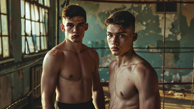 The boxers stand ready in an aged gym, showcasing determination and strength as they prepare for their bout in the warm evening glow filtering through the windows.