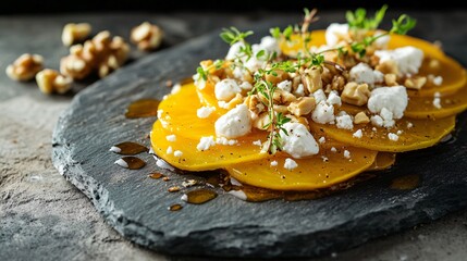 Fototapeta premium Golden beet carpaccio, served with goat cheese crumbles, walnuts, and a drizzle of honey, placed on a rustic stone plate