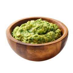 A wooden bowl filled with fresh guacamole on a transparent background ready to be served and enjoyed now