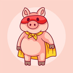 Fototapeta premium Cute pig superhero using mask and cape vector illustration. Animal character for kids t-shirt, sticker, drawing, coloring book page