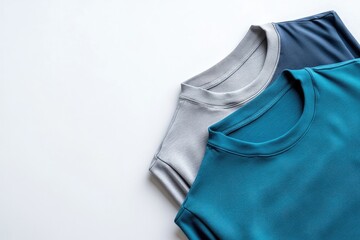 Three folded t-shirts, light gray, dark teal, and medium blue on white background
