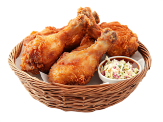 Crispy Fried Chicken Legs with Coleslaw in Rustic Basket on Transparent Background