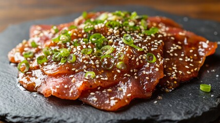 Korean-inspired carpaccio with gochujang glaze, topped with sesame seeds and scallions, plated on a slate stone plate