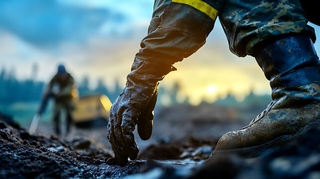 Muddy gloved hand and boot touch the earth construction workers labor in the background early morning light.