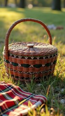 Woven picnic basket on grass with plaid blanket in sunlit park