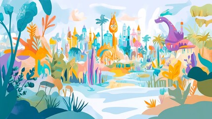 Whimsical fantasy city illustration with dinosaur and playful elements landscape