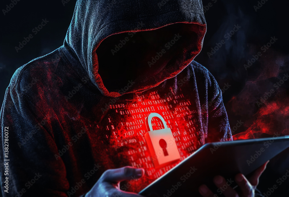 Poster hacker in a black hoodie with a digital padlock and code on a dark background, a security concept.