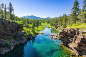 Fototapeta premium A serene landscape featuring a flowing river surrounded by lush greenery, towering trees, and distant mountains under a clear blue sky.