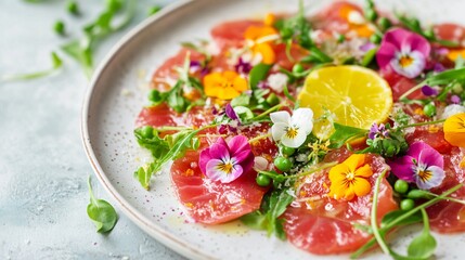 Spring-inspired carpaccio with edible flowers, pea shoots, and a light citrus vinaigrette, soft pastel background