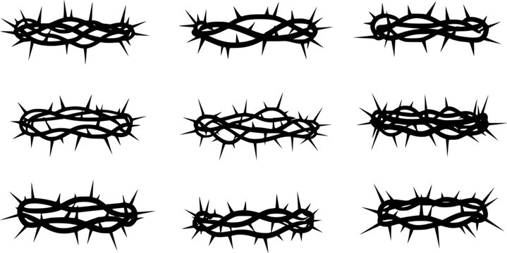 set of Crown of thorns icons set. Black silhouette of a crown made of thorns. Christian symbol.
