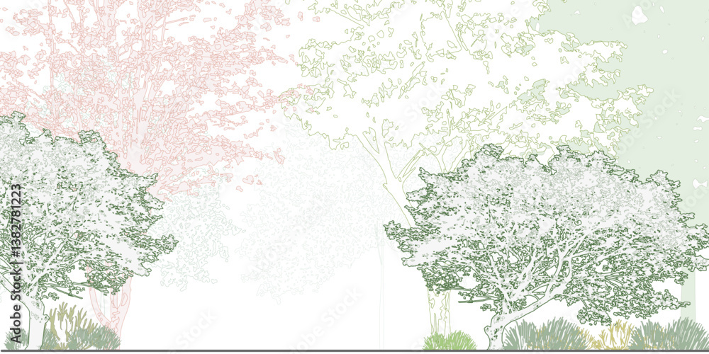 Poster forest background in line art, tree in tunnel, section of garden