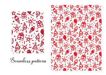 Seamless chaotic birthday party pattern with stars and gifts