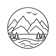 A peaceful mountain landscape line art illustration