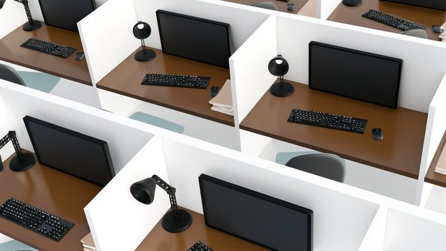 A 3d rendering of repetitive pattern of office cubicles, arranged in a grid-like formation, suggesting a standardized and potentially impersonal work environment.