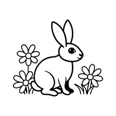 Fototapeta premium A Rabbit in a flower meadow line art illustration