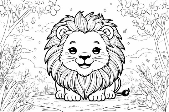 Coloring Page of Cute Lion Cartoon illustration,Colouring book for kids