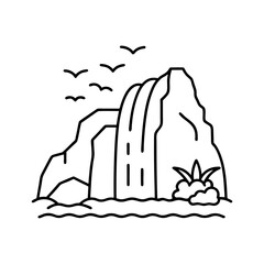 A waterfall with rocks and birds line art illustration