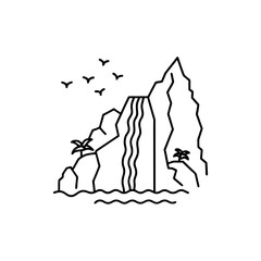 A waterfall with rocks and birds line art illustration