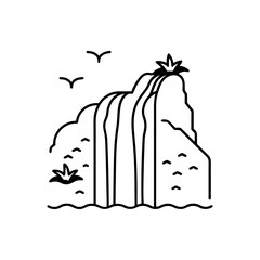 A waterfall with rocks and birds line art illustration