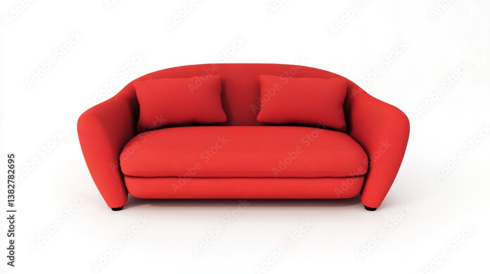 Poster bright red modern sofa with rounded design and two plush cushions set against a minimalist backgroun