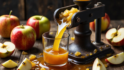 An apple press squeezing juice from crushed apples. Juice flows out into a glass container. Foam and bits of apple pulp swirl with rich amber color