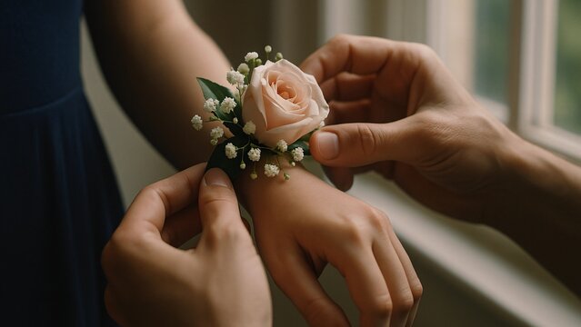 Close-up of a florist carefully attaching a delicate pink rose corsage adorned with baby's breath to a young woman's wrist, symbolizing a special occasion like prom or homecoming