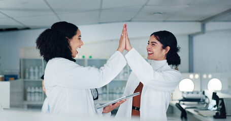 Science, people and tablet with high five to celebrate, medical research and motivation at night....