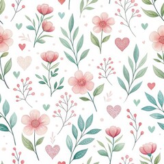 Watercolor Elegant Floral Seamless Pattern, beautiful hand-drawn floral pattern showcasing pink flowers, greenery, and hearts on a soft white background. Isolate on white background, commercial use