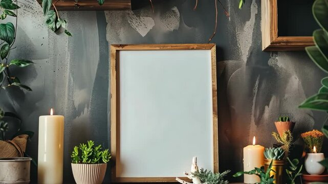 A minimalist indoor scene features a blank white frame on a wooden shelf, surrounded by green plants, candles, and small decorative items