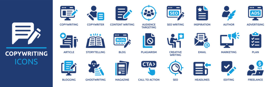 Copywriting icon set. Containing copywriter, content writing, blog, article, storytelling, author, advertising, marketing, SEO and more. Solid vector icons collection.