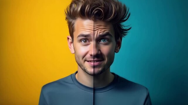 The bright and dark side of man represents bipolar disorder, mood swings or split personality