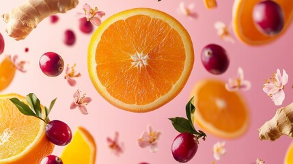 Naklejka premium Vibrant Citrus Cranberries Ginger Blossoms Fresh Food Drink Concept
